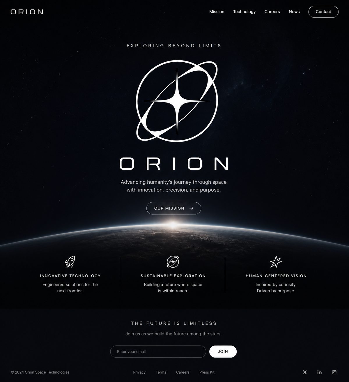 Space-themed Orion landing-page concept with an orbital logo, a planet horizon and supporting content sections.