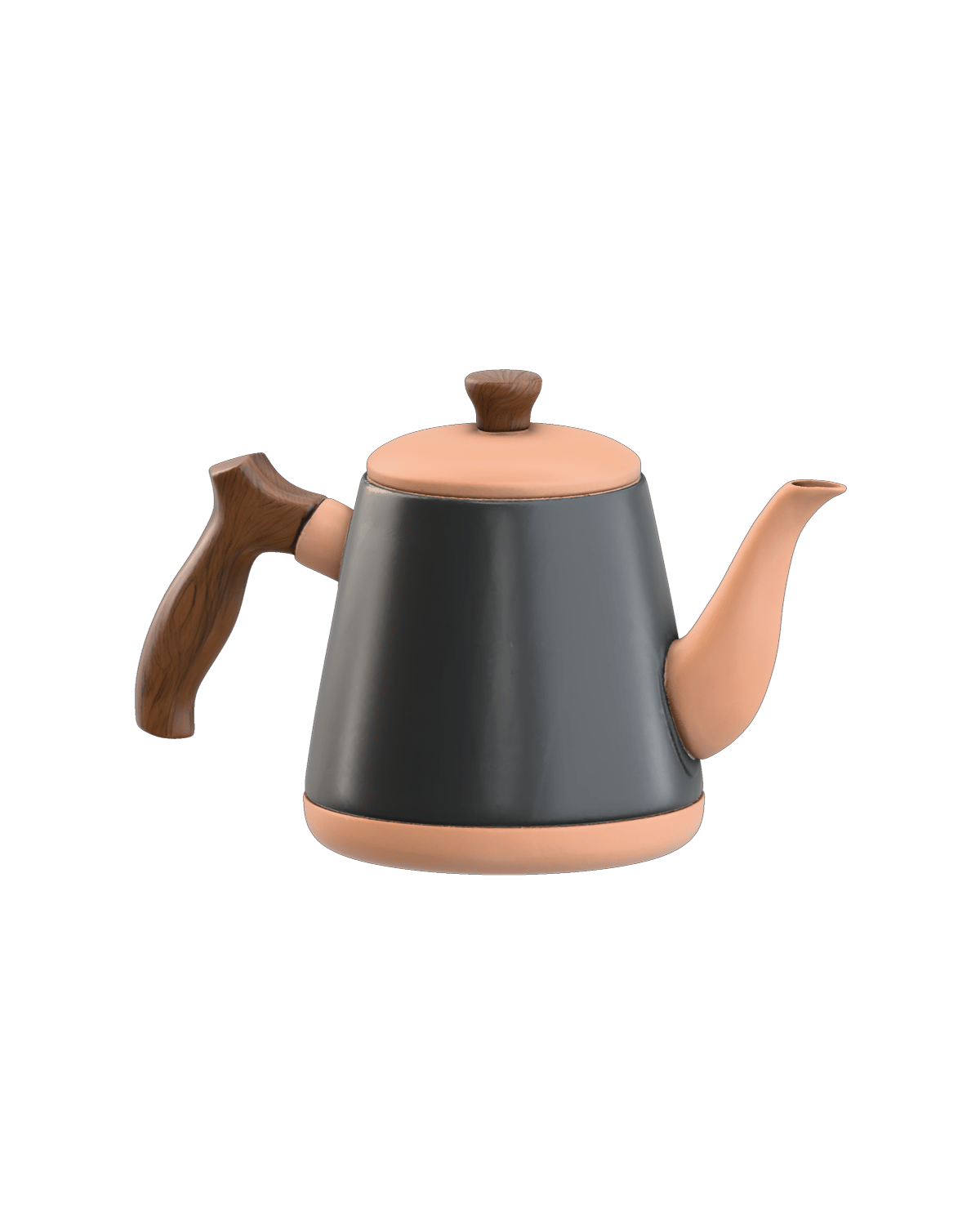 black ceramic and polished copper pour-over coffee kettle, walnut handle, premium contrasting materials — rendered from a native tripo-3d 3D generation