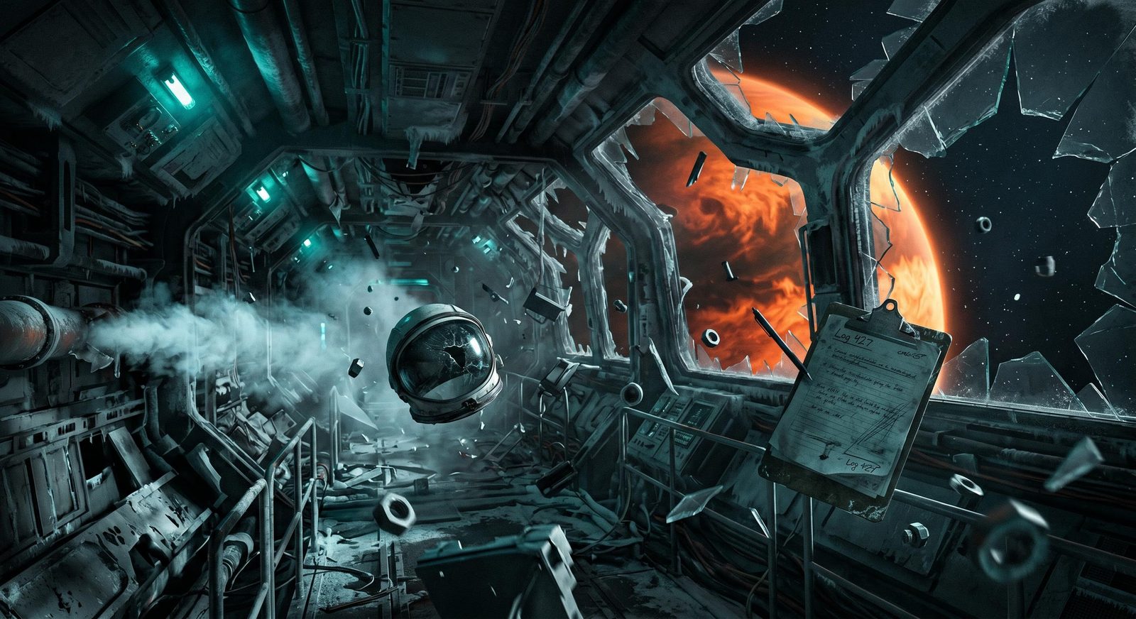 Science-fiction environment concept of a damaged spacecraft interior overlooking a fiery orange planet.