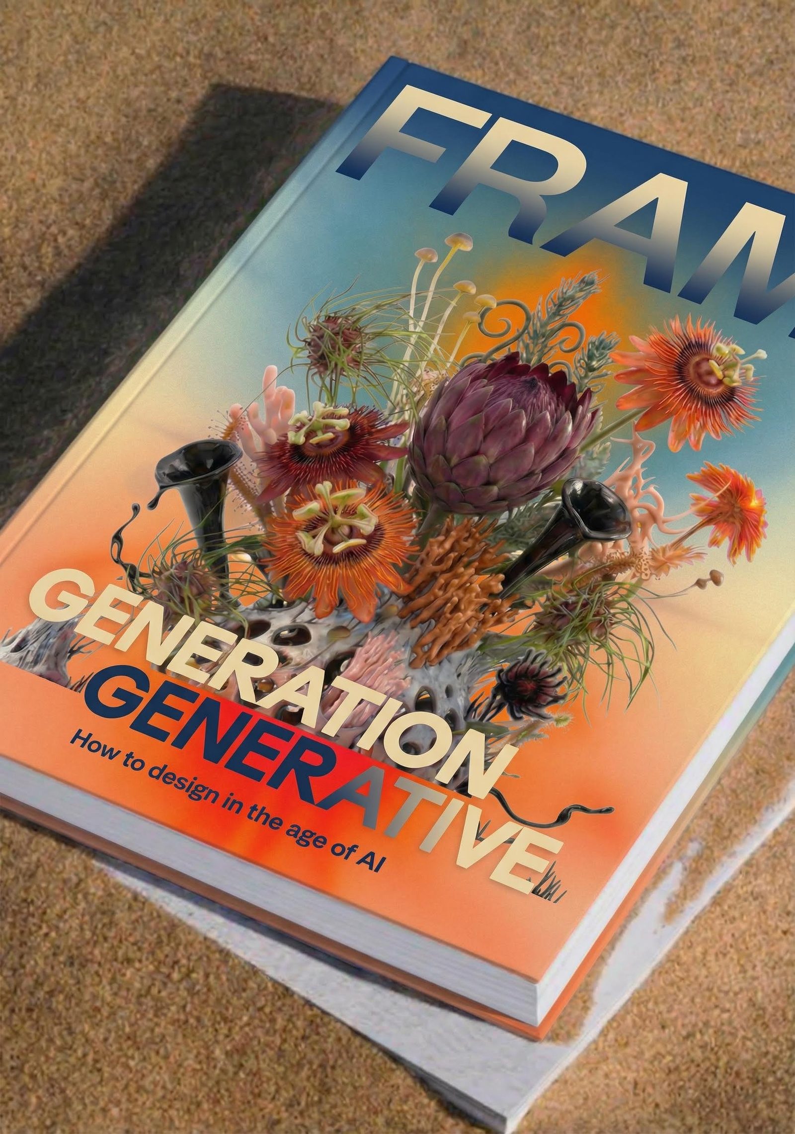 Editorial cover concept with colorful flowers and bold Generation Generative typography.