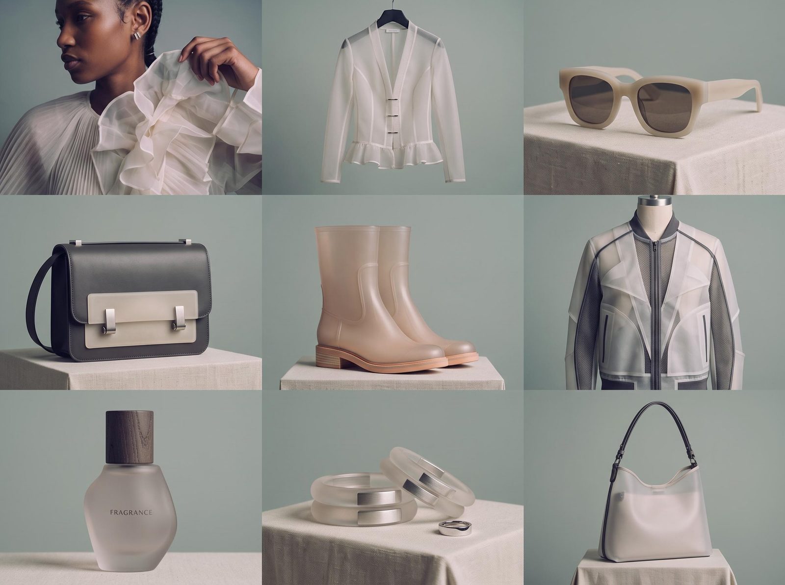 Coordinated fashion moodboard combining a model portrait, neutral-toned garments, accessories and fragrance.