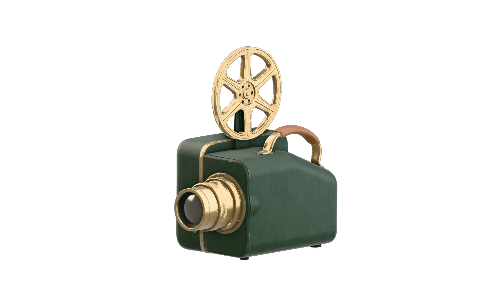 asymmetric forest-green and brass compact film projector with one large reel on top, chunky lens on the front, curved carrying handle — rendered from a native meshy 3D generation