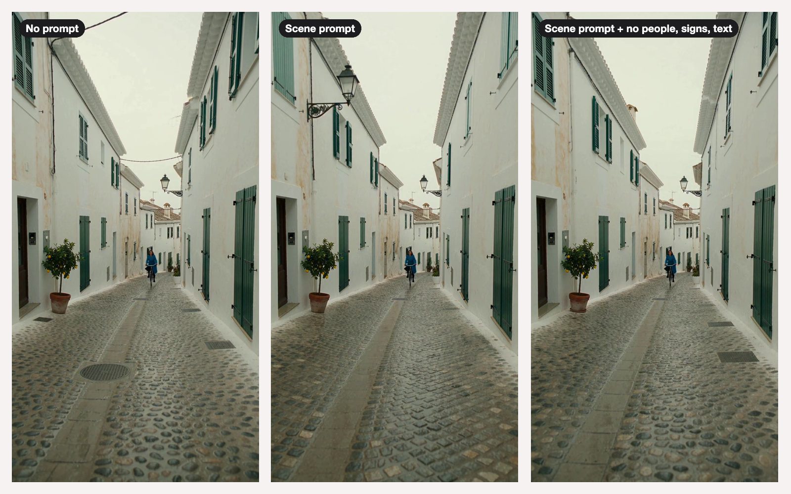 Video outpainting with three prompts: no prompt adds overhead cables and a manhole, a scene prompt adds a wall lantern, a constraint prompt keeps the street plain.