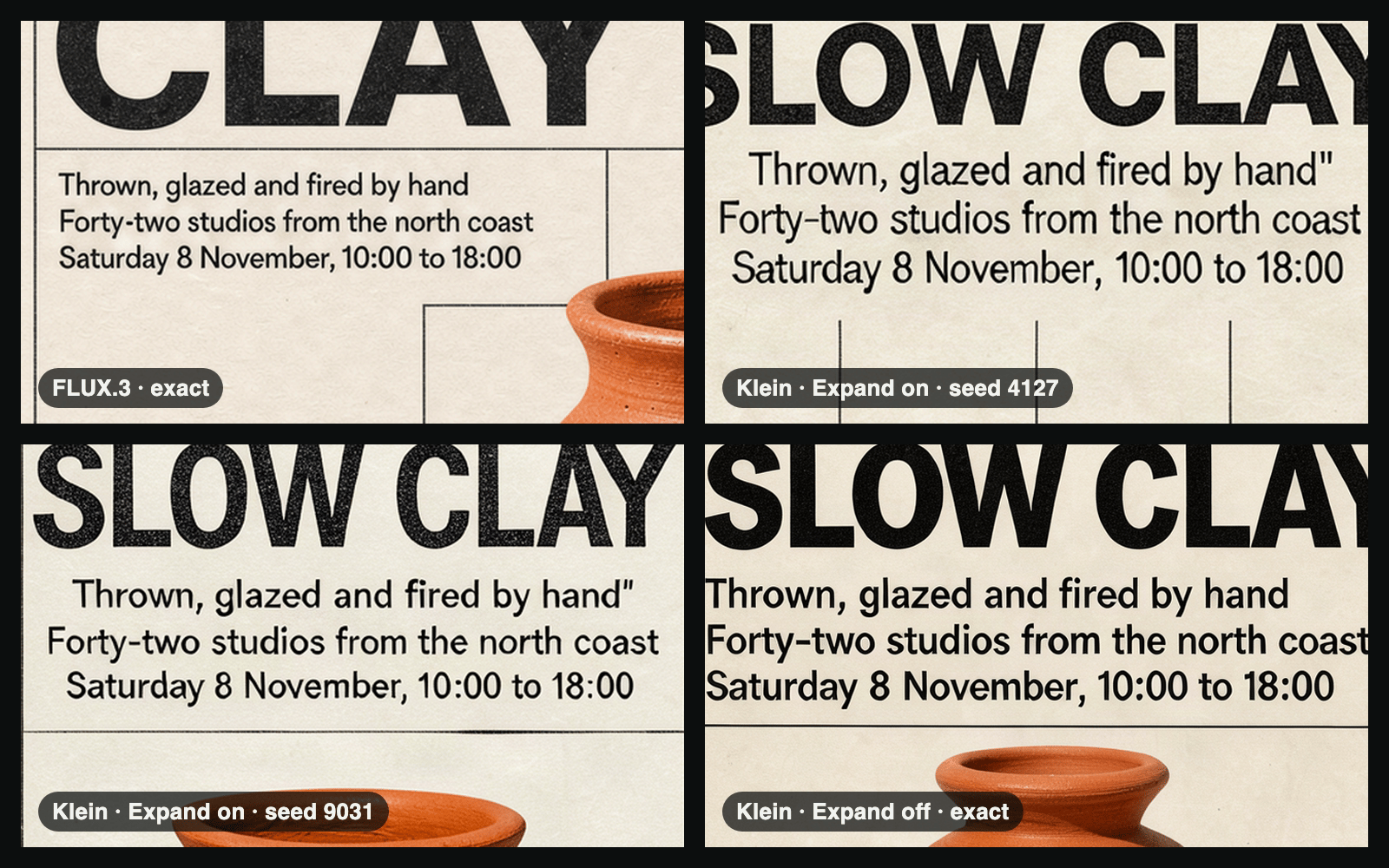 Poster subhead close-ups: FLUX.3 exact, FLUX.3 Klein with Expand Prompt on adds a stray quote mark, Klein with Expand Prompt off exact.