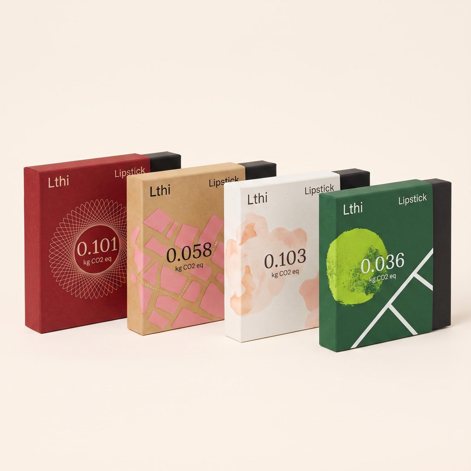 Packaging concept showing four rectangular boxes in red, peach, white and green with coordinated typography.