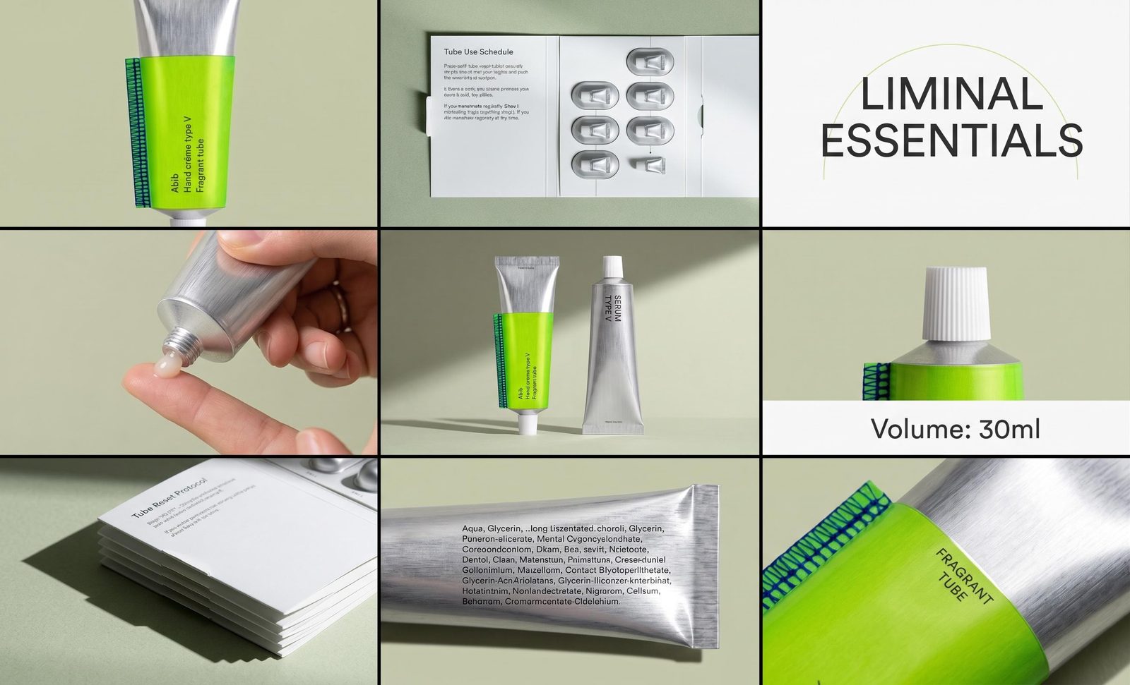 Skincare campaign concept board combining lime-green packaging, product details and an application image.