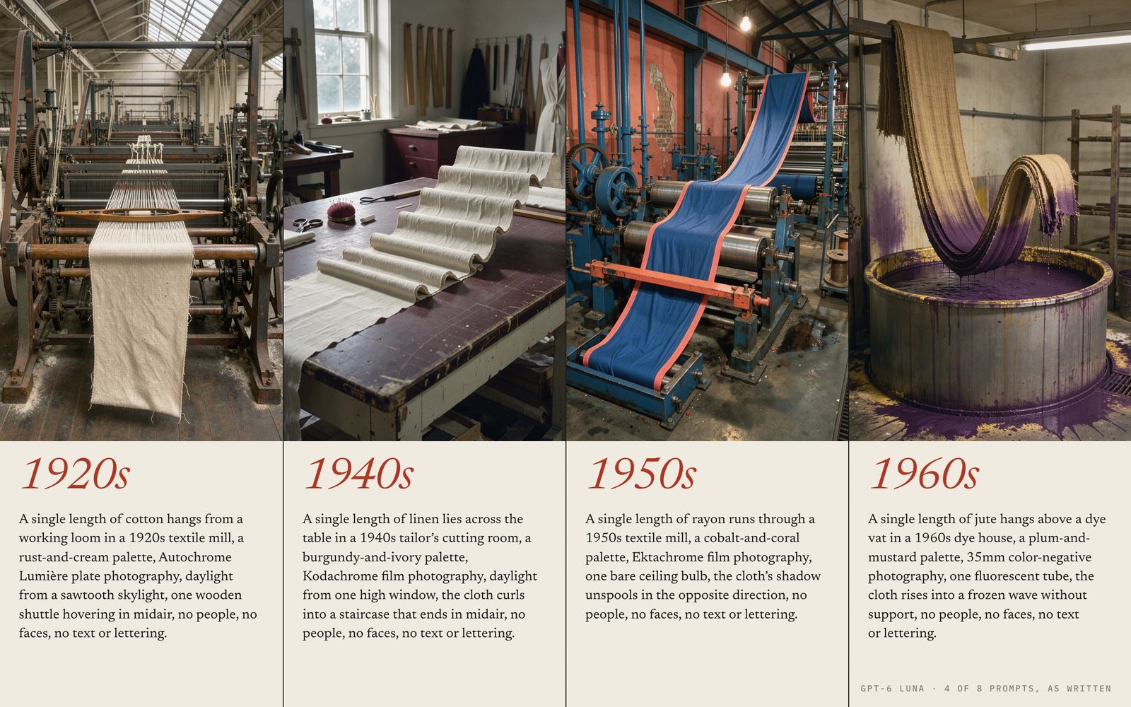Four textile mill photos, 1920s to 1960s, each above the one-line GPT-6 Luna prompt that produced it