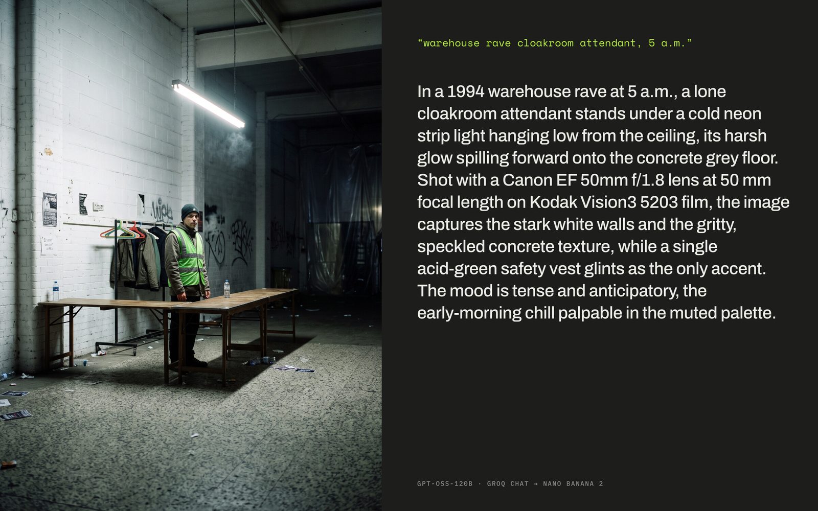 Photo of a lone cloakroom attendant in an acid-green vest at a 1994 warehouse rave, beside the seed line and the paragraph that described it