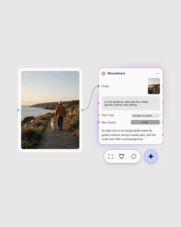 Moondream captioning a man and golden retriever on a coastal path.