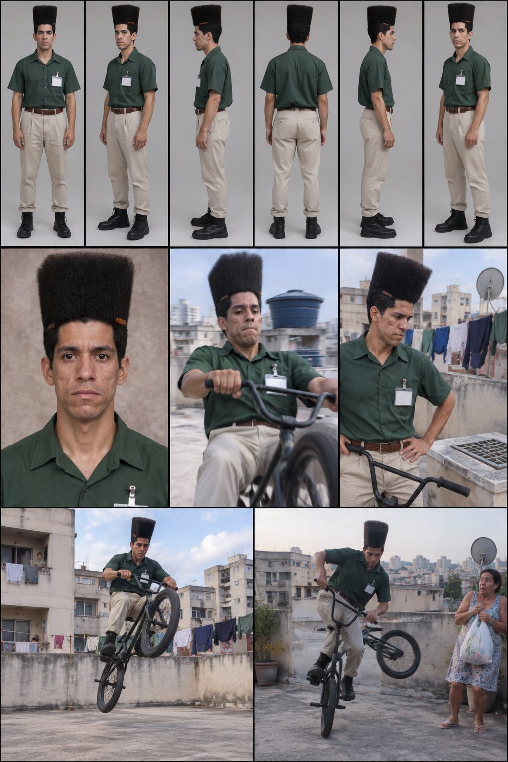 AI character sheet of Renato Prates, an elevator inspector with a tall flat-top, in a six-view turnaround, portrait, close-ups and BMX tricks on a rooftop.