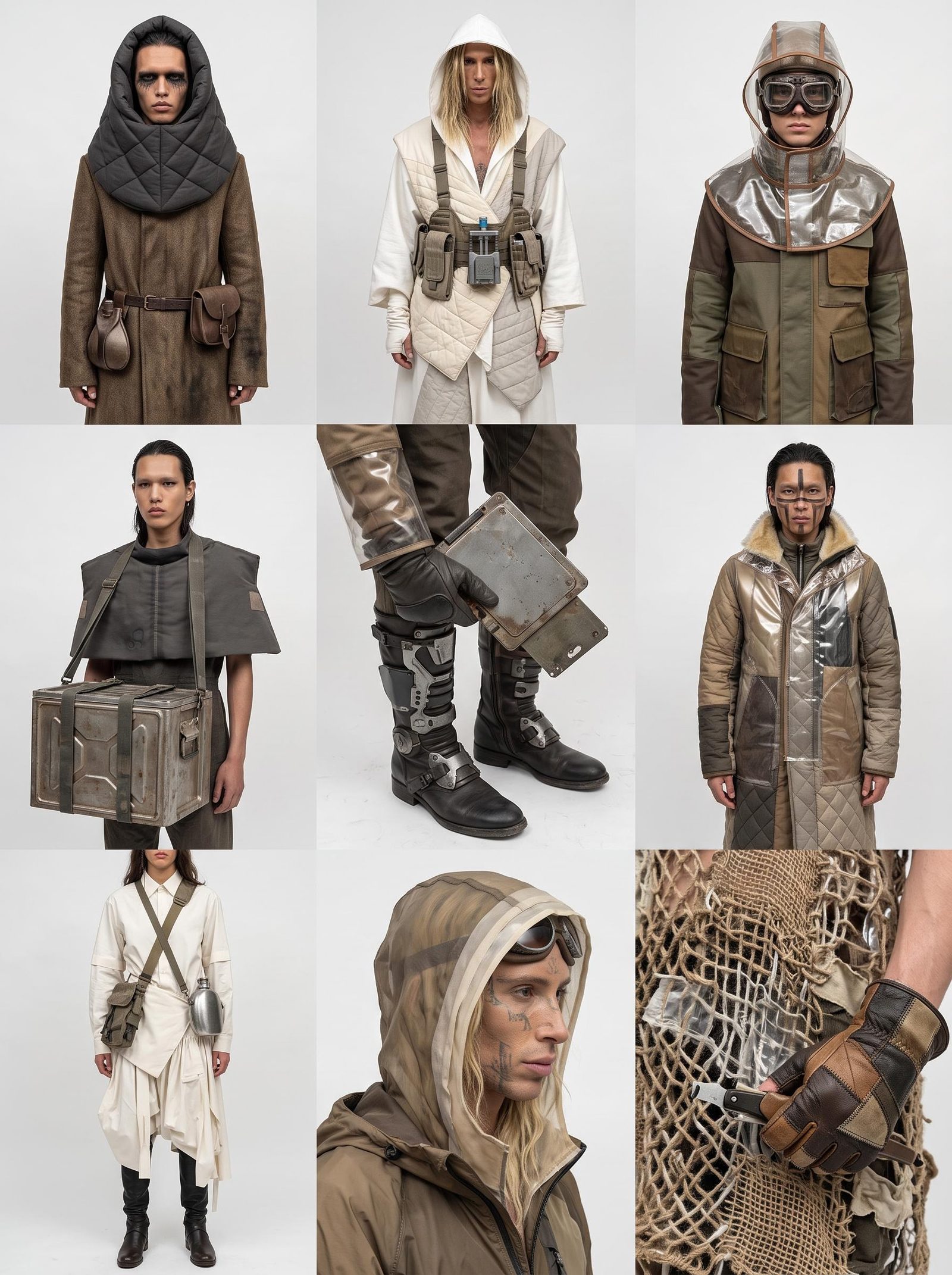 Science-fiction costume concept board combining layered clothing, protective gear and material details.