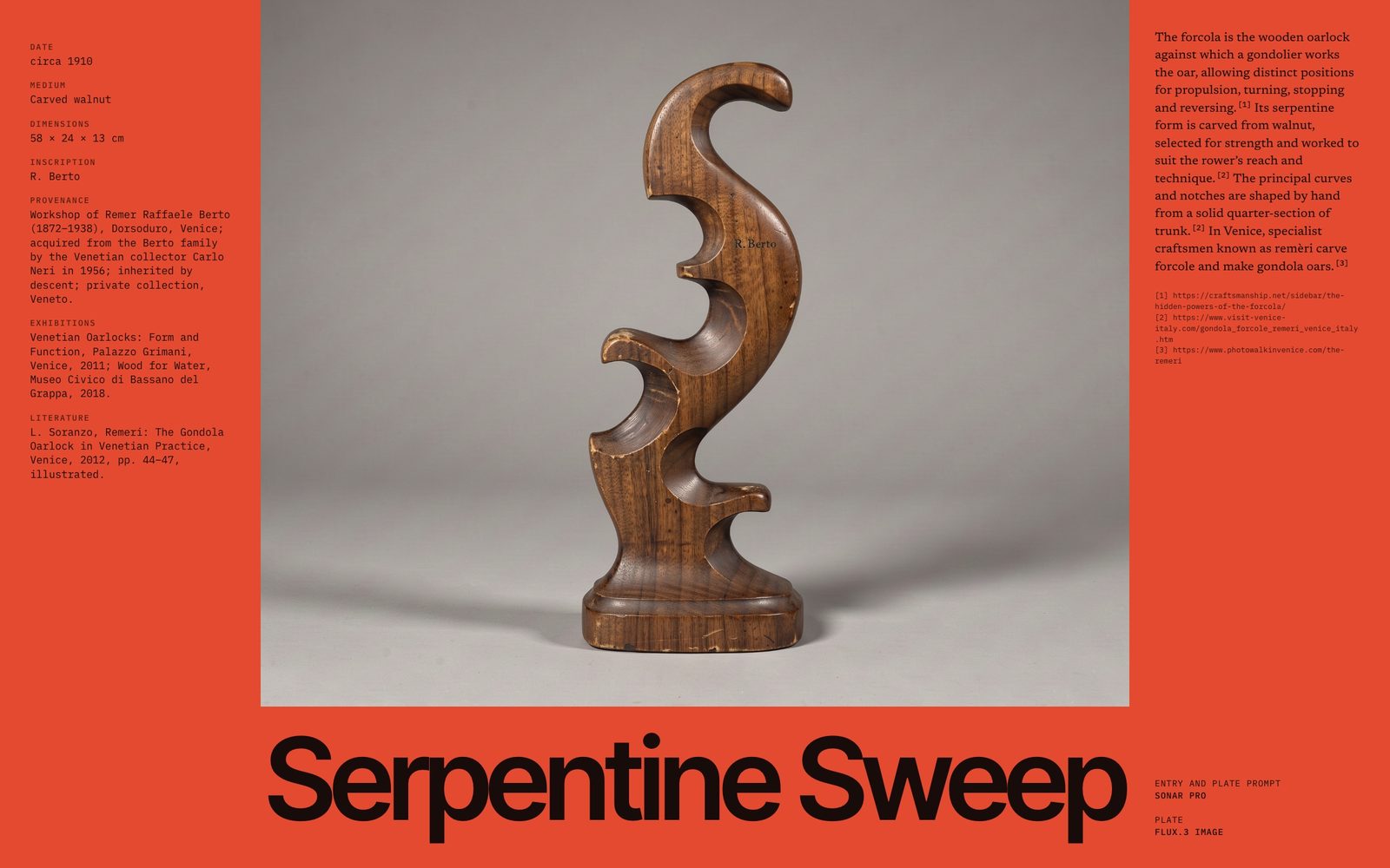 Carved walnut gondola forcola marked R. Berto, photographed on grey, on a vermilion catalogue page with a cited note and its three source links