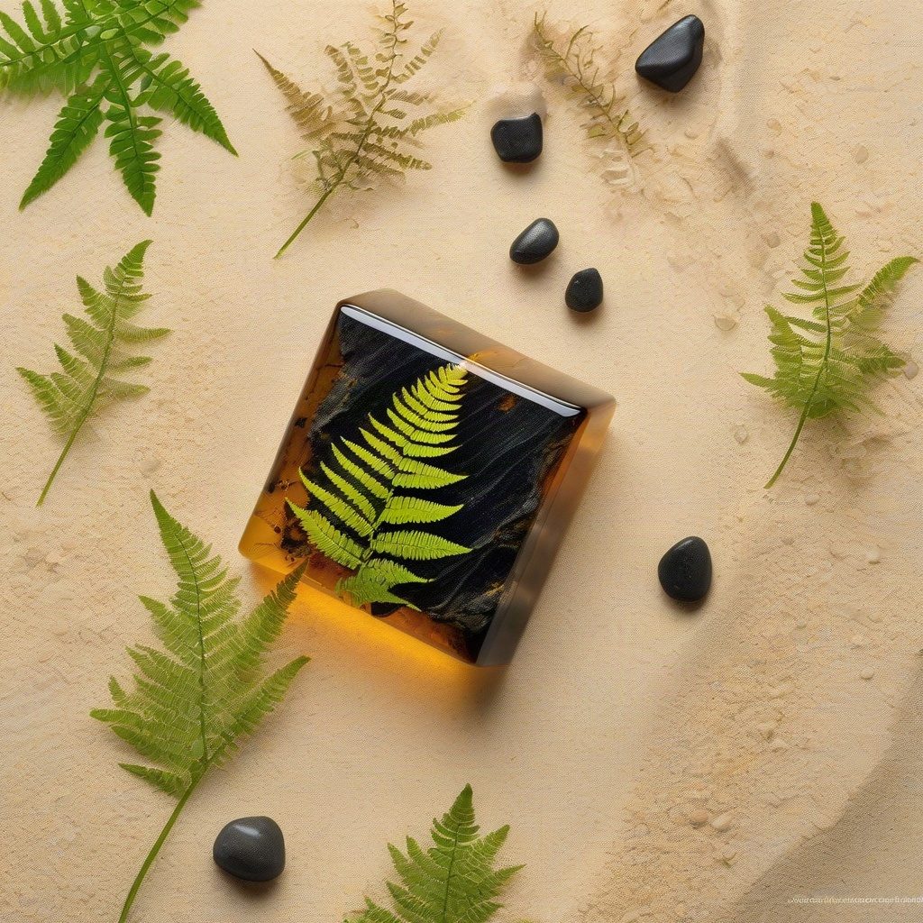 Amber resin containing a fern frond on sand with black stones and green leaves.