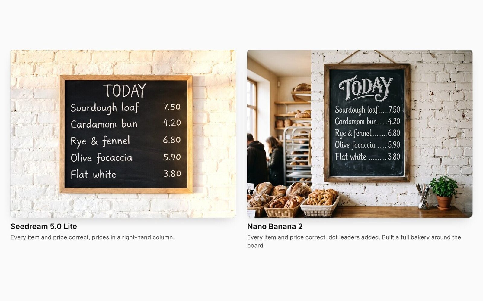 Seedream 5.0 Lite and Nano Banana 2 outputs for the same five-line chalkboard menu prompt.