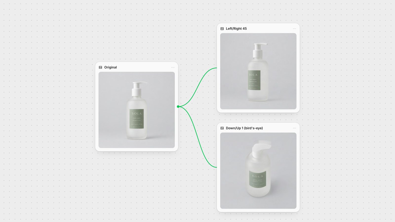 Fuser canvas: an original product shot and two Qwen Edit Angles outputs, one turned 45 degrees and one seen from above.
