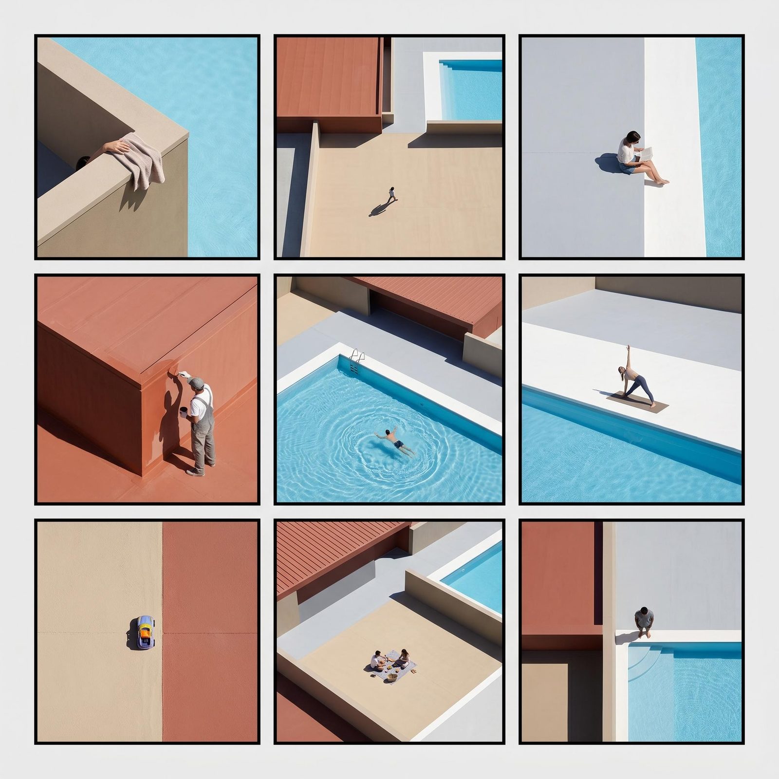 Nine-panel presentation board concept showing people, swimming pools and geometric architecture from varied viewpoints.