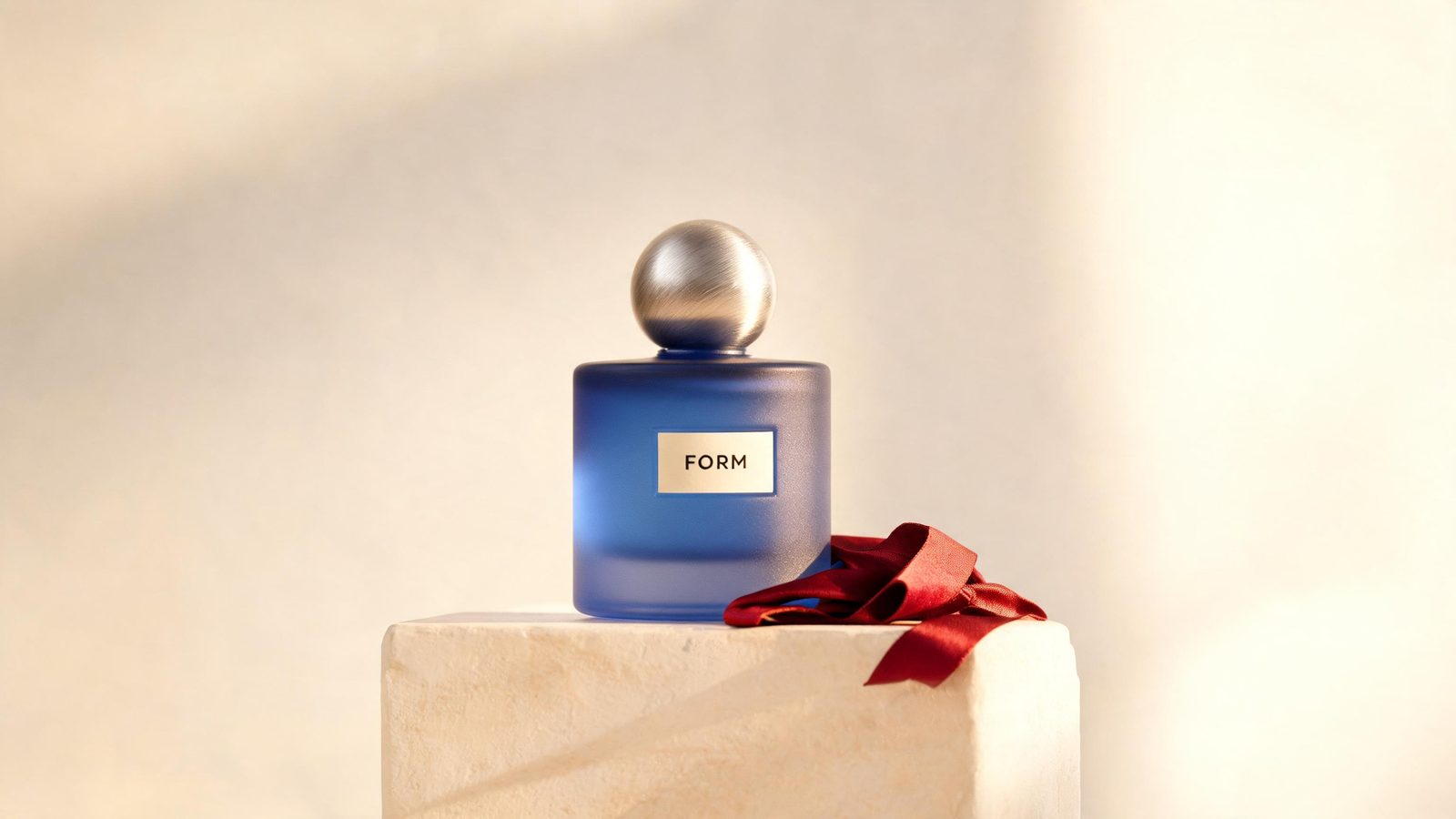 Cobalt-blue FORM perfume bottle with a silver spherical cap and red ribbon, generated with Seedream 5.0 Lite.
