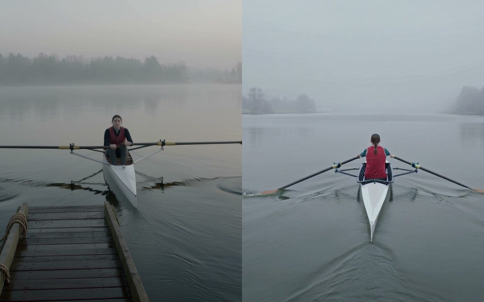 Same prompt, same moment: Kling 4.0 (left) rows away facing the stern as rowers do; Kling 3.0 (right) rows away facing the bow, on a misty lake at dawn.