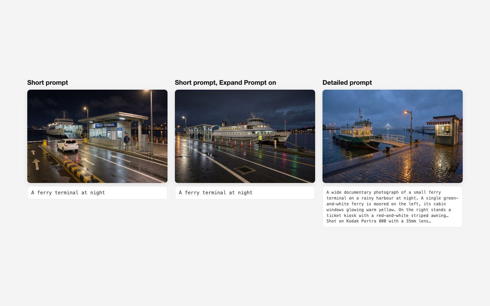 Three FLUX.3 Image ferry-terminal outputs: a four-word prompt, the same prompt with Expand Prompt on, and a detailed prompt naming the ferry, kiosk and light.