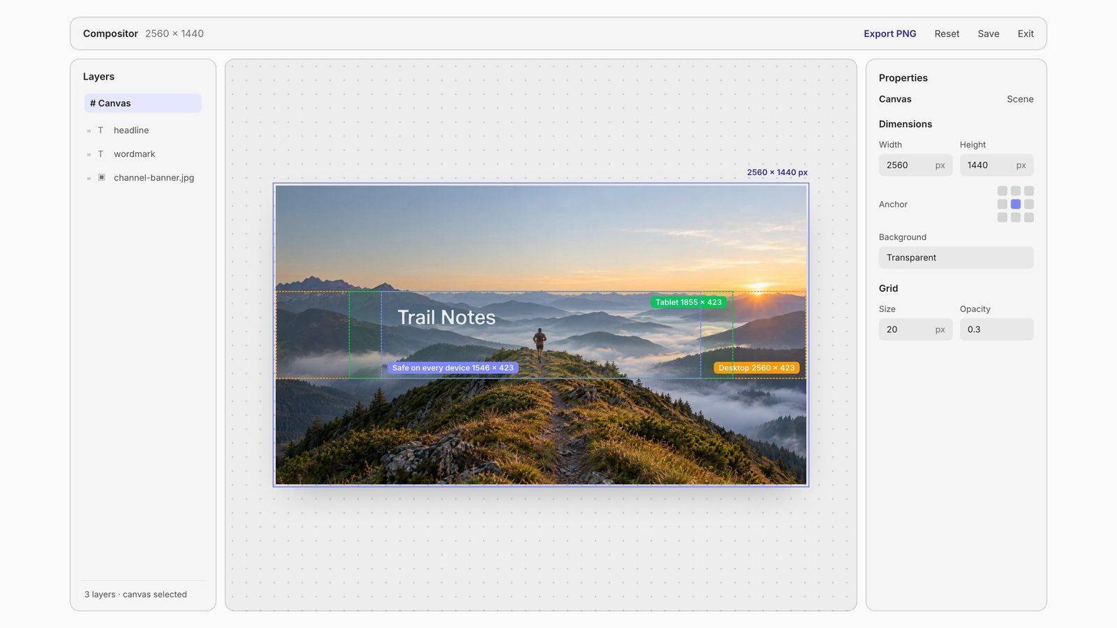 Fuser Compositor at 2560 by 1440 pixels showing the desktop, tablet and all-device safe crop regions of a YouTube channel banner.