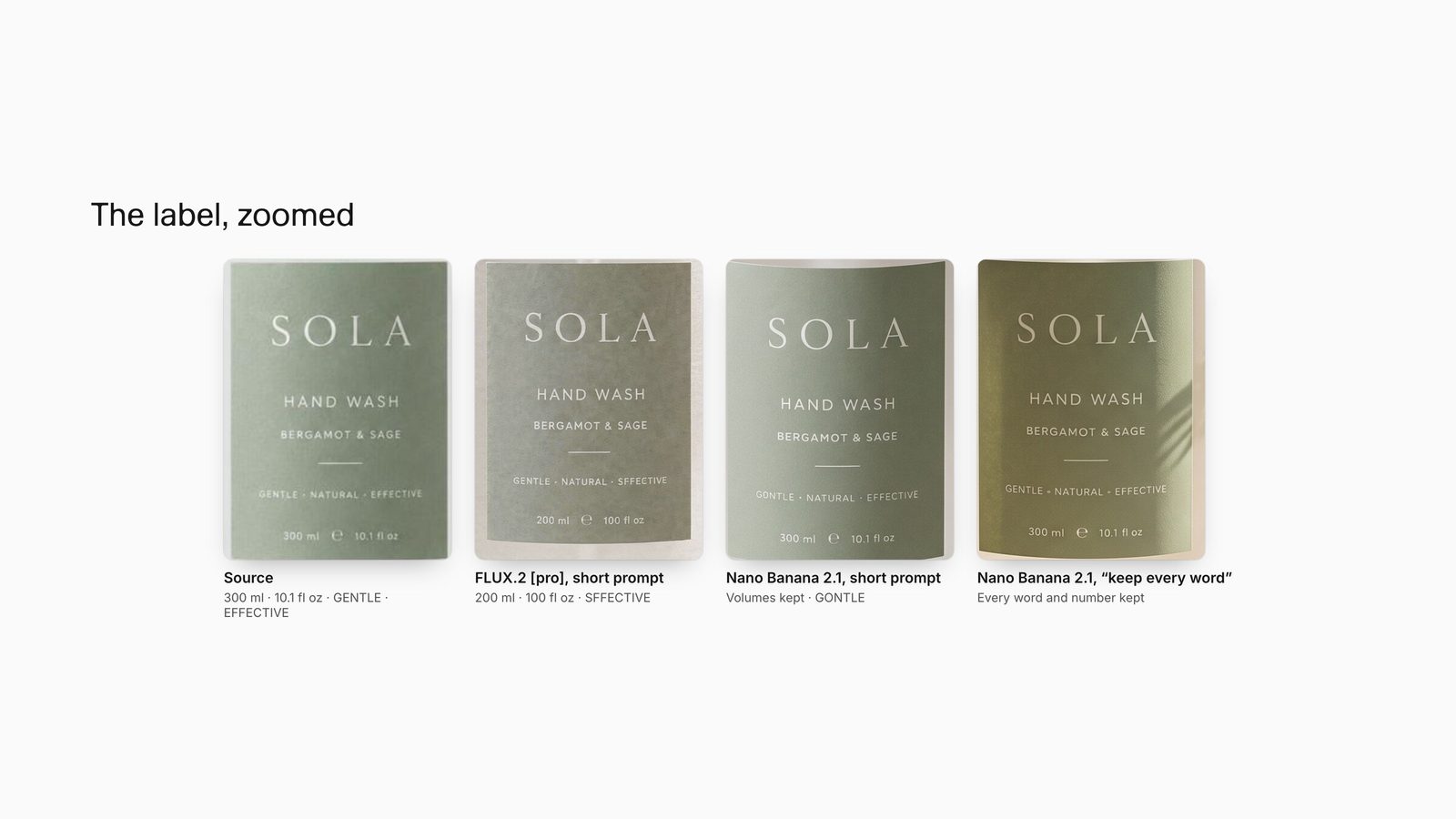 Zoomed labels: source, FLUX.2 pro edit with wrong volumes, Nano Banana 2.1 edit with one misspelling, and Nano Banana 2.1 keep-every-word edit matching the source.