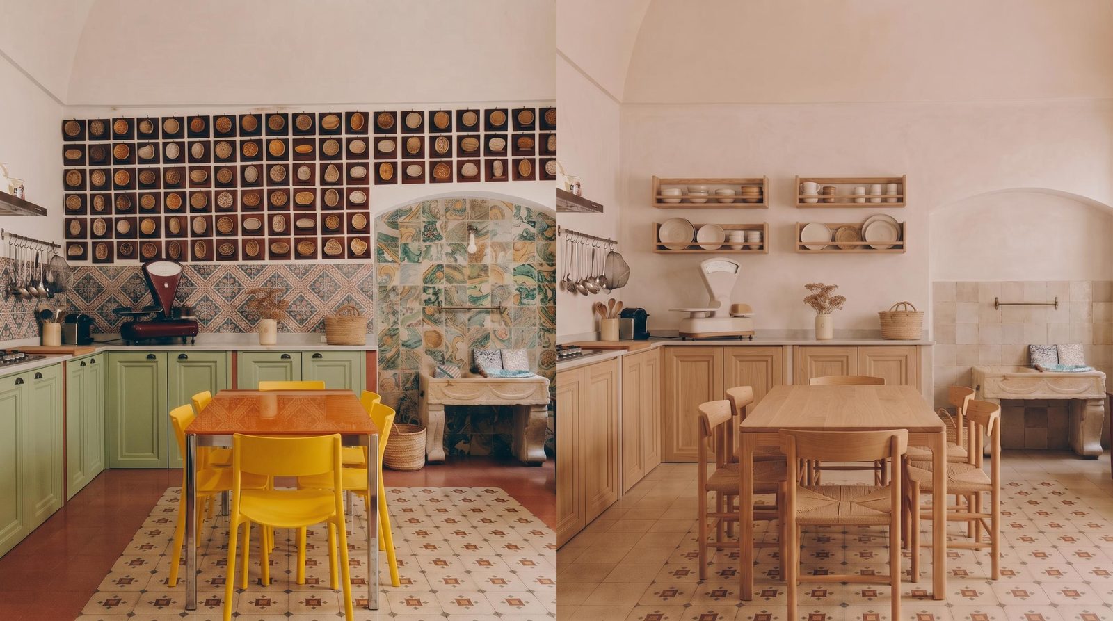 Two kitchen material directions comparing green cabinetry and yellow chairs with warm neutral wood.