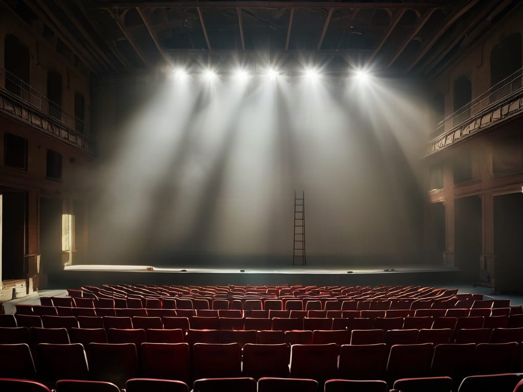 Sunbeams cutting through dust inside an abandoned Art Deco theater, generated with Wan-2.2 Lite.