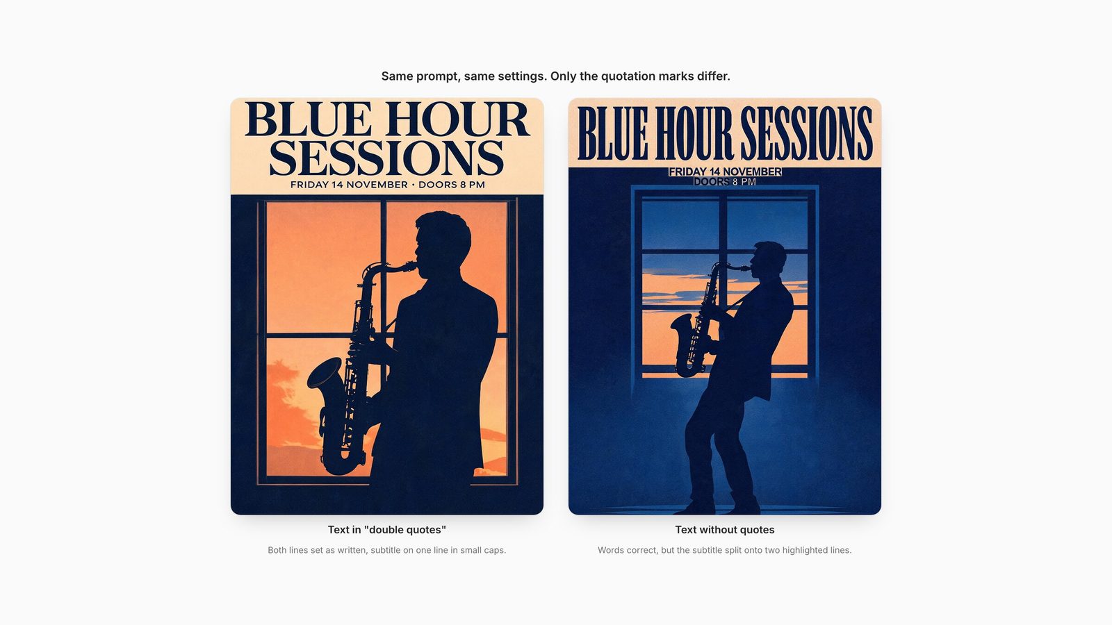 Two Seedream 5.0 Lite jazz posters from the same prompt: with the text in double quotes the subtitle sits on one line in small caps; without quotes it splits onto two highlighted lines.