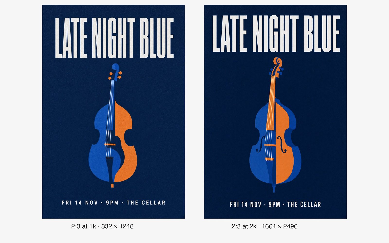 A Grok Imagine Image v2.0 jazz gig poster reading LATE NIGHT BLUE and FRI 14 NOV, 9PM, THE CELLAR, generated at 1k (832 by 1248) and 2k (1664 by 2496).