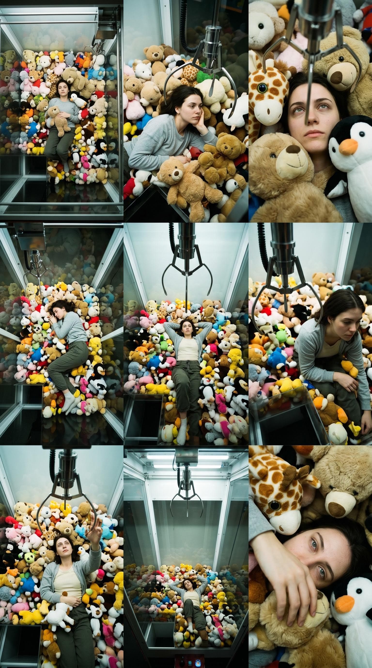 Surreal art-direction board showing people surrounded by stuffed toys inside a glass claw-machine-like enclosure.