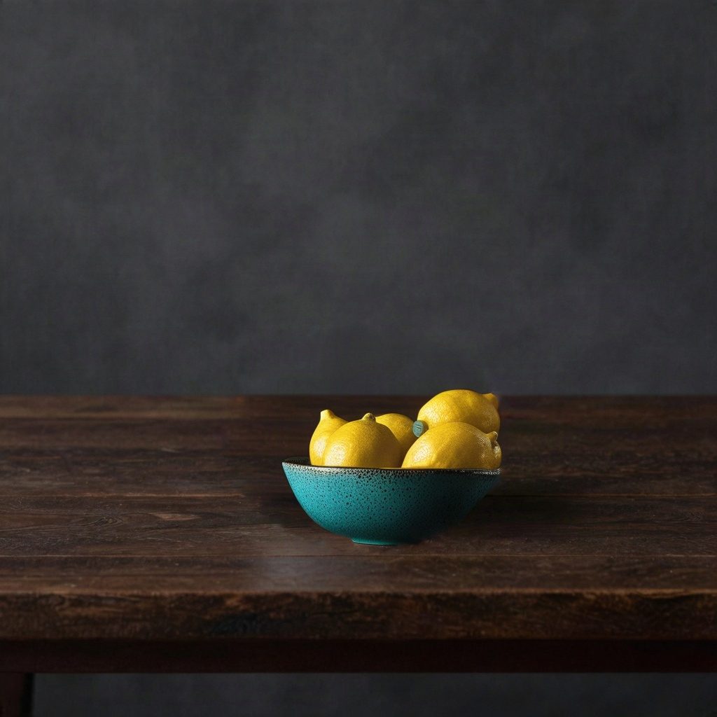 Native 1024-pixel SDXL Inpainting result replacing a plain bowl with turquoise ceramic and yellow lemons.