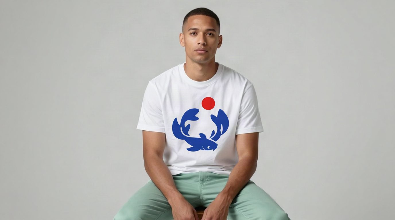 Cobalt fish and red sun reference artwork mapped onto a seated man’s white T-shirt.