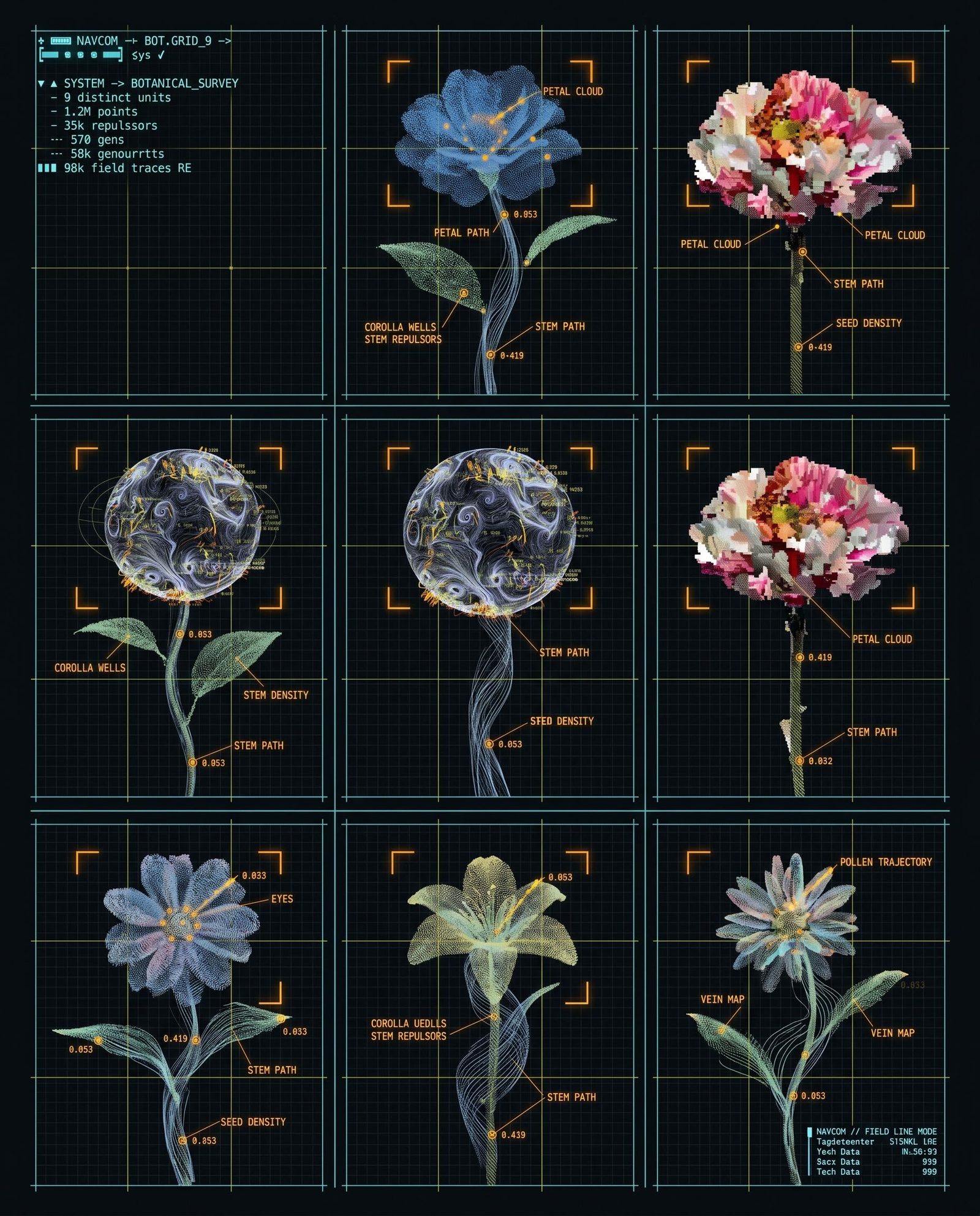 Flower study concept arranged in a nine-panel grid with measurement overlays on a dark technical-style background.
