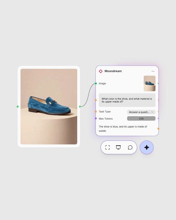 Moondream identifying the color and suede material of a blue loafer.