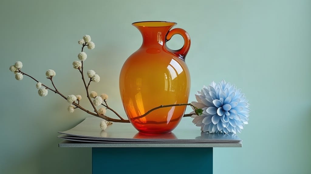Amber glass vase and pale blue flower on a reflective teal plinth, generated with FLUX.1 Dev.