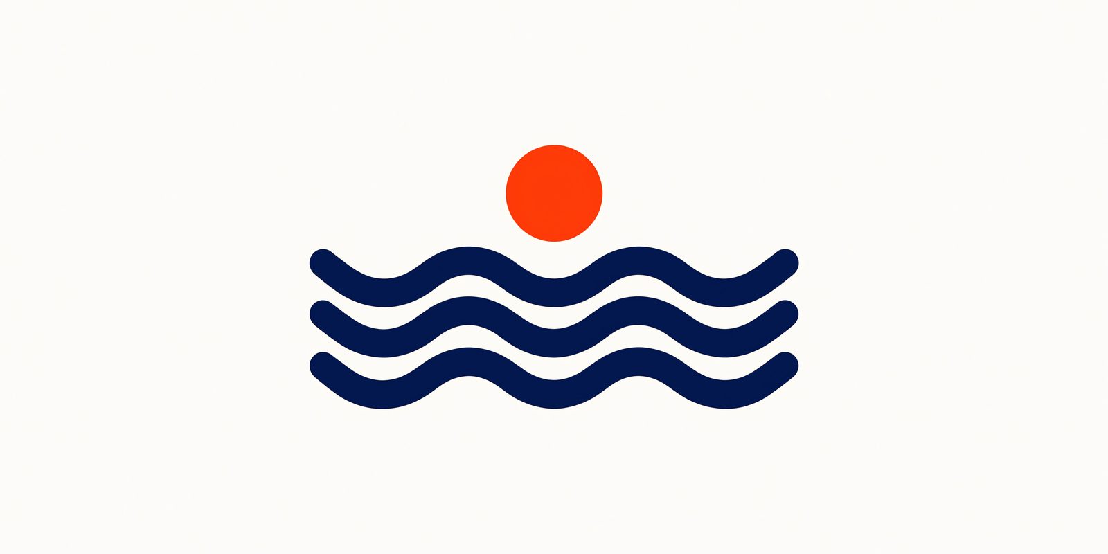 Centered orange sun above three navy waves, generated with explicit brand hex palette controls.