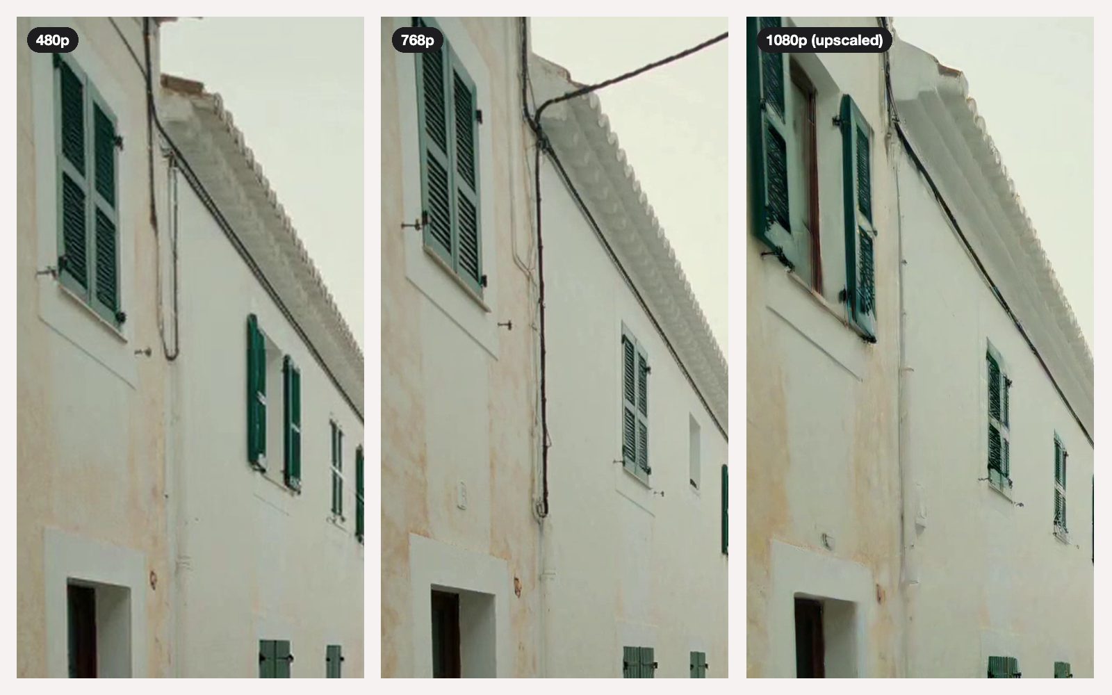 The same generated top region of a 9:16 reframe at 480p, 768p and 1080p: soft at 480p, clean at 768p, crisper but sharpened at 1080p.