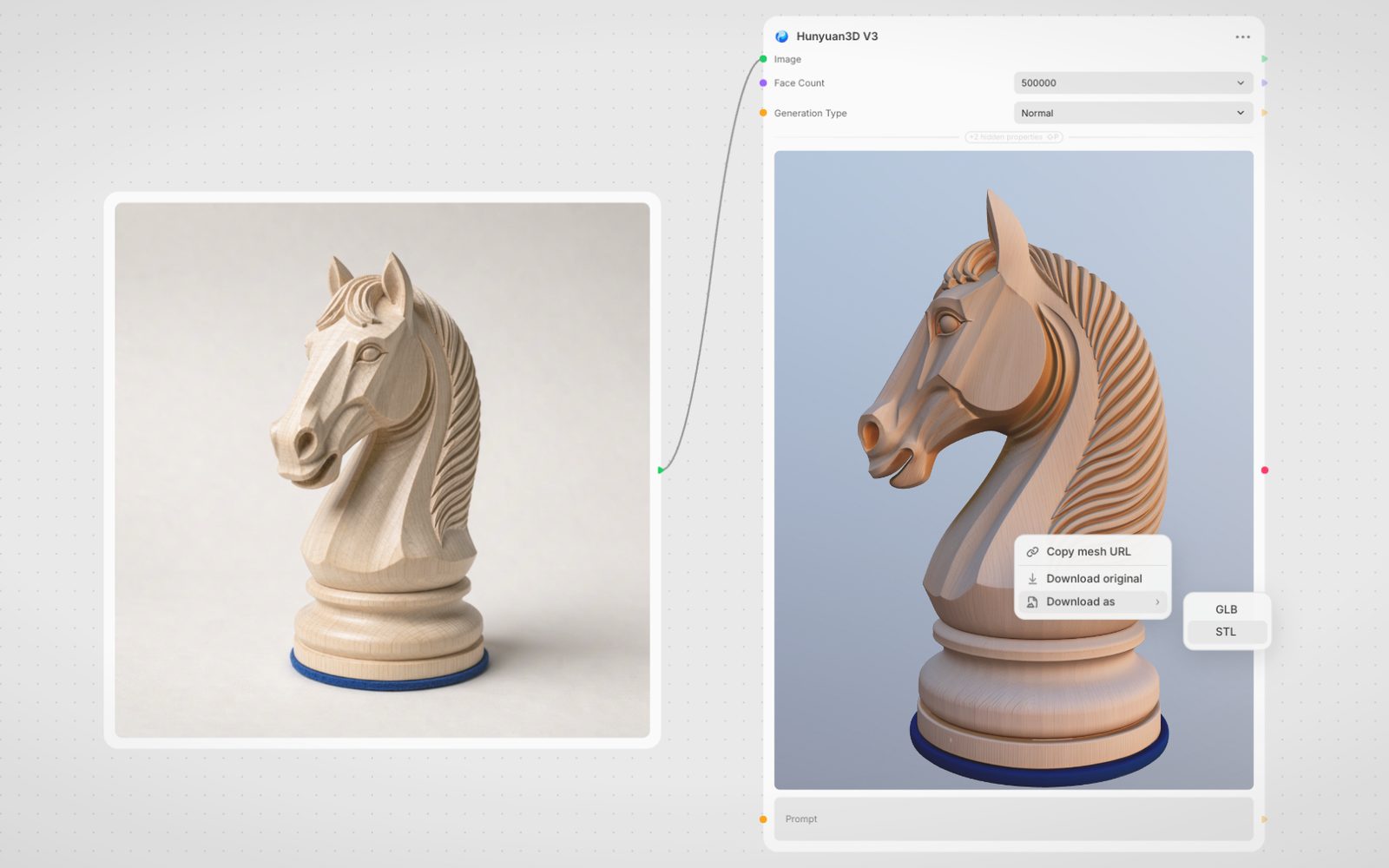 Fuser canvas: a chess knight photo wired into Hunyuan3D V3, its 3D model open with the Download as STL menu.