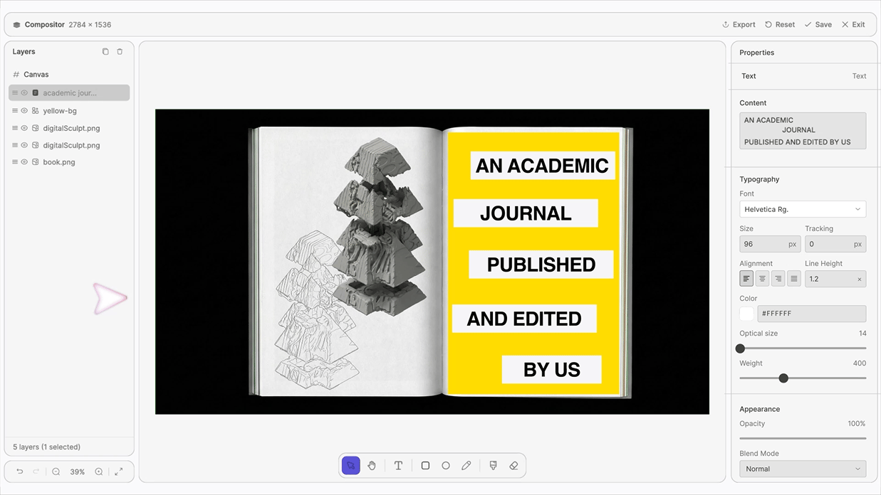 A UI frame showing an open spread magazine with abstract geological imagery, a yellow page and bold text