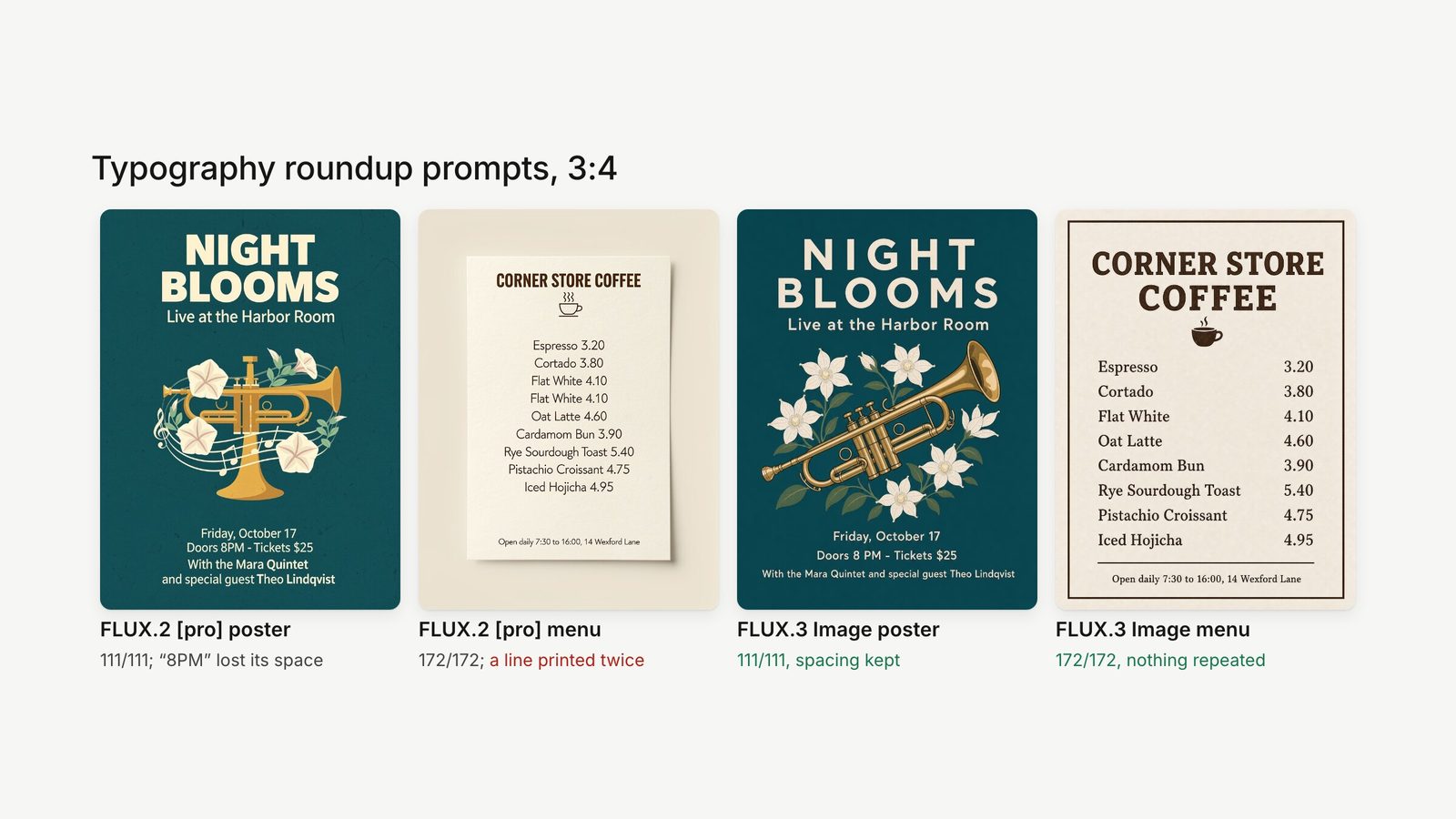NIGHT BLOOMS jazz poster and CORNER STORE COFFEE menu rendered by FLUX.2 pro and FLUX.3 Image at 3:4, with character counts.