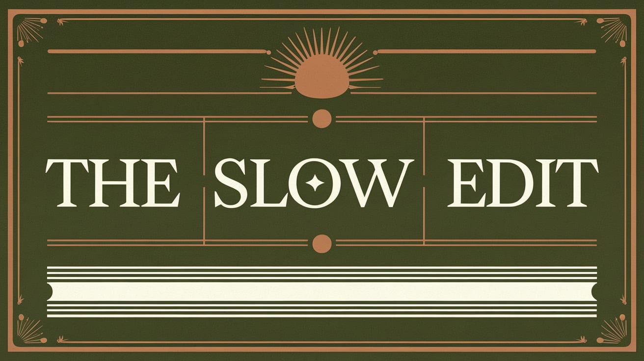 Ivory THE SLOW EDIT typography with gold ornamental rules on a forest-green background.