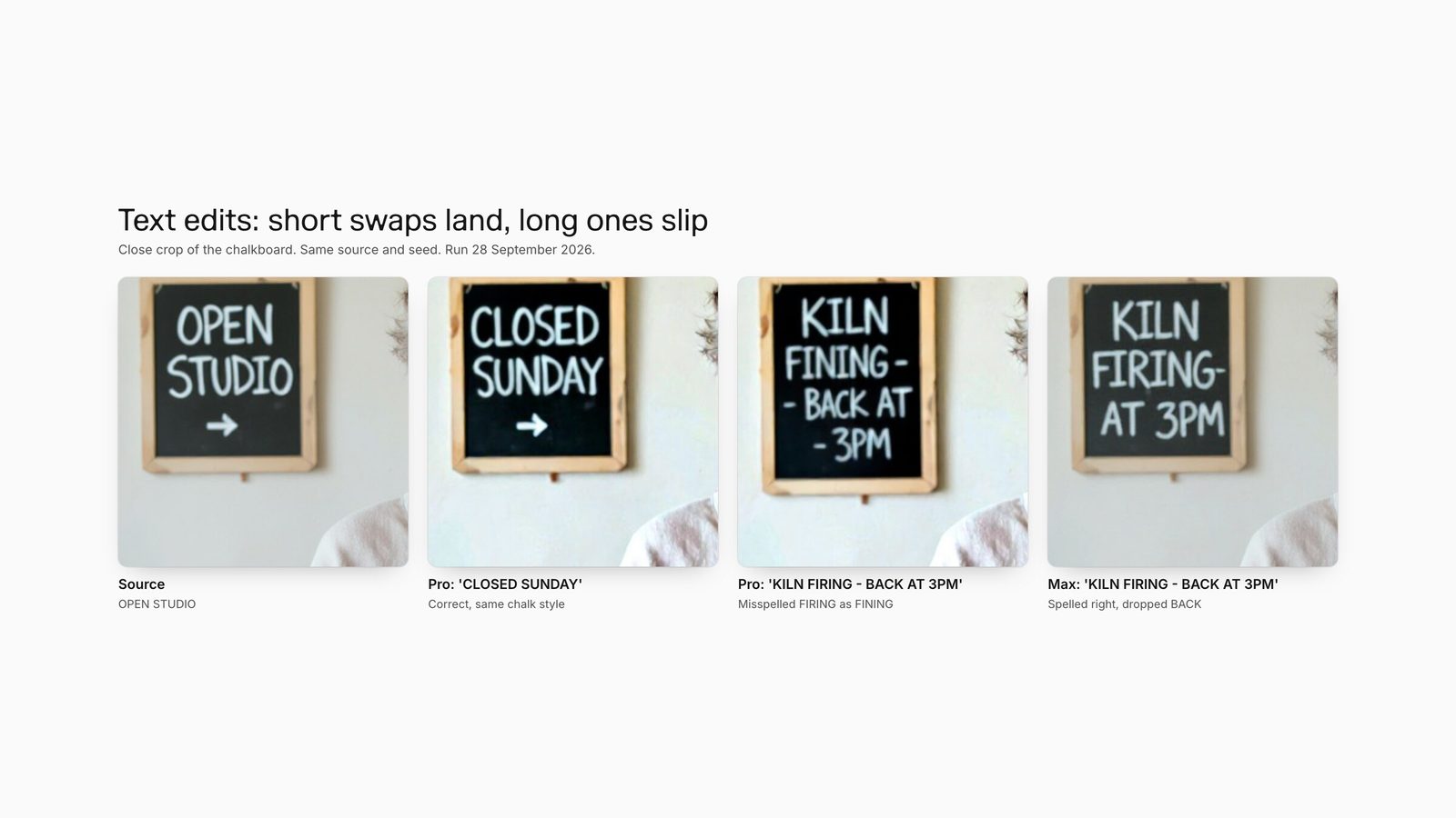 Close crops of a chalkboard sign: source OPEN STUDIO, a correct CLOSED SUNDAY swap, and two longer replacements with errors from Kontext Pro and Max.