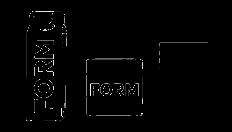 Actual Canny contours around FORM lettering and three packaging shapes.