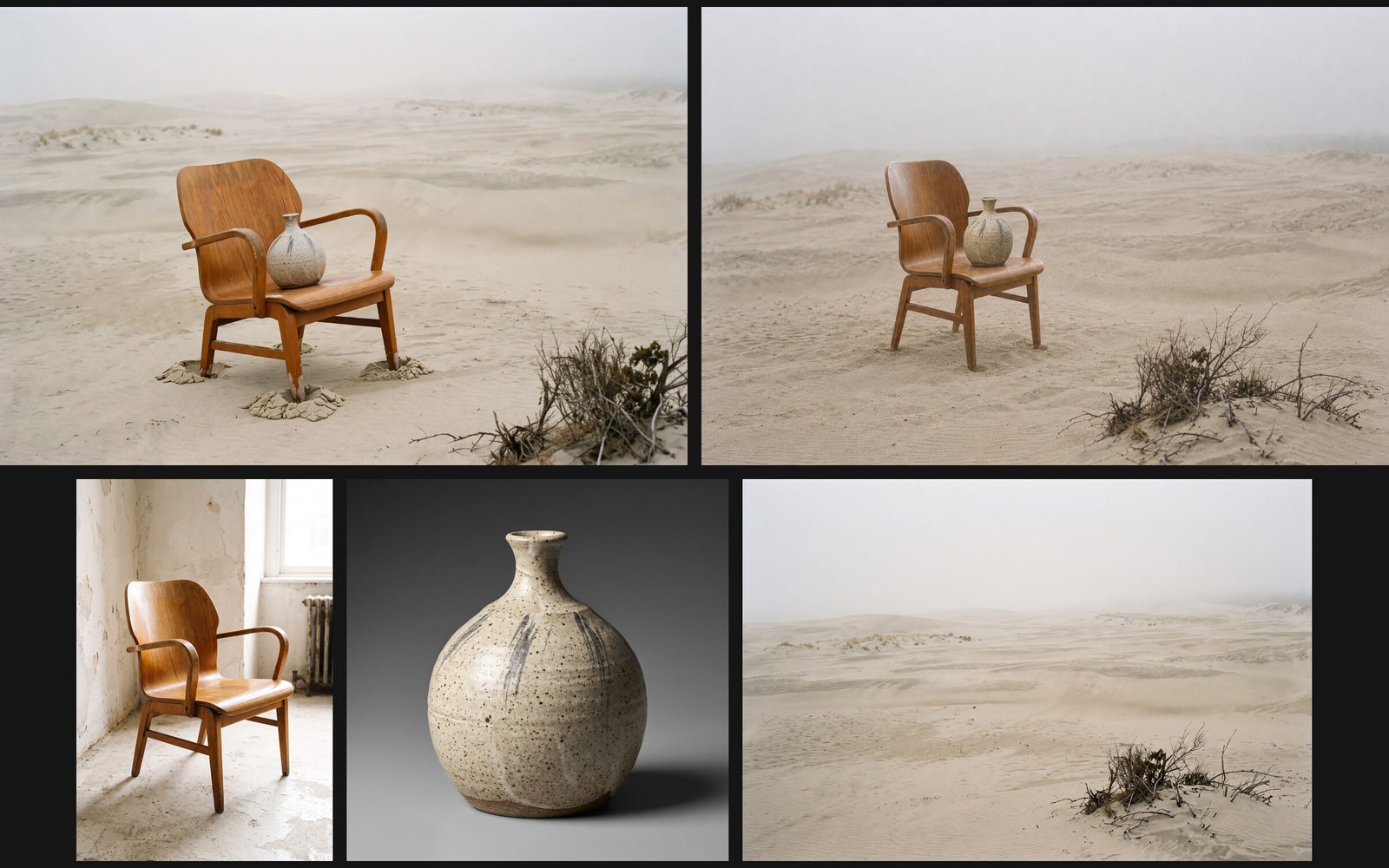 A plywood armchair with a speckled stoneware vase on its seat in foggy dunes, by Muse Image and GPT Image 2.5, above the three reference photos.