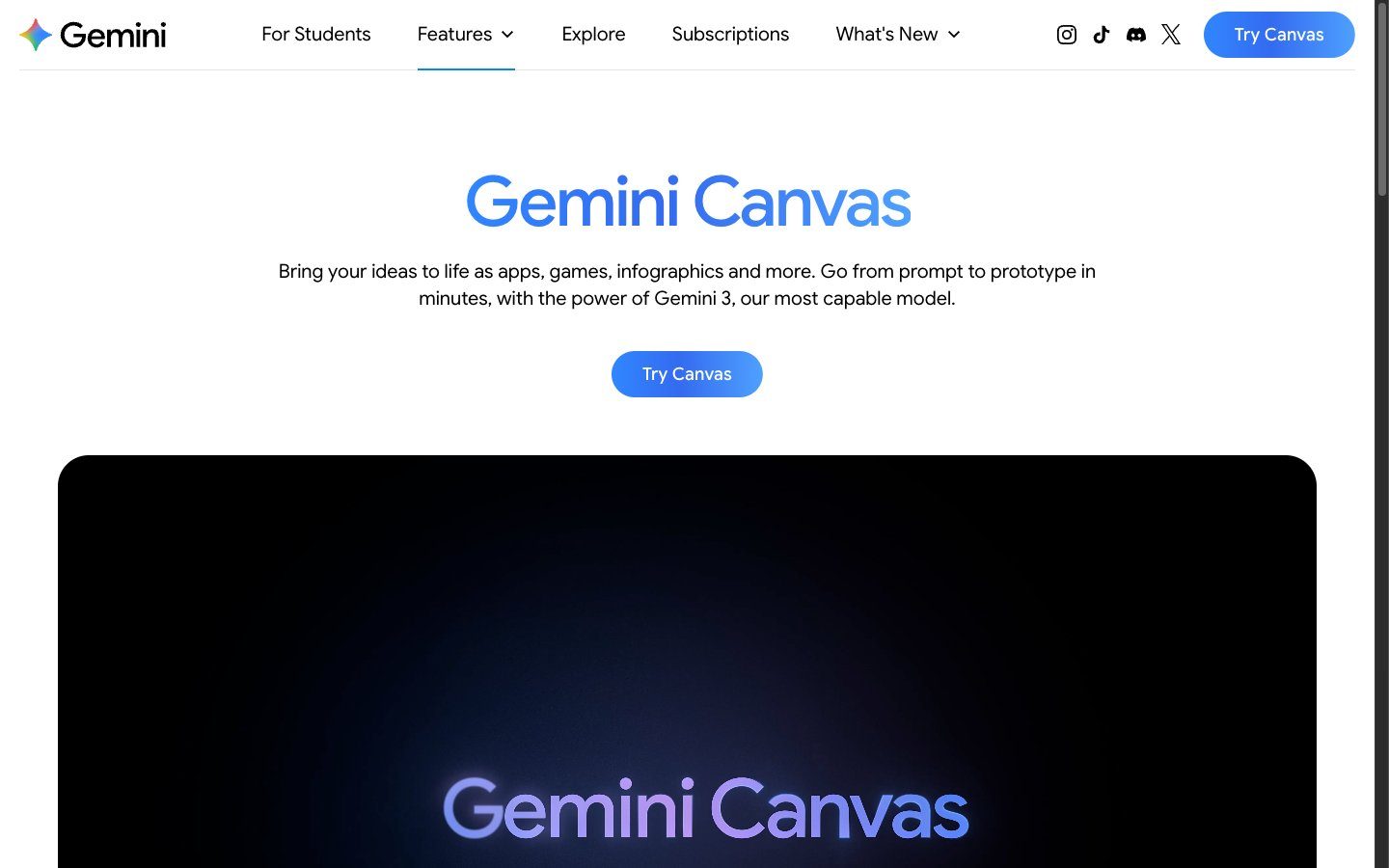 Gemini Canvas overview page: "Bring your ideas to life as apps, games, infographics and more" with a Try Canvas button.