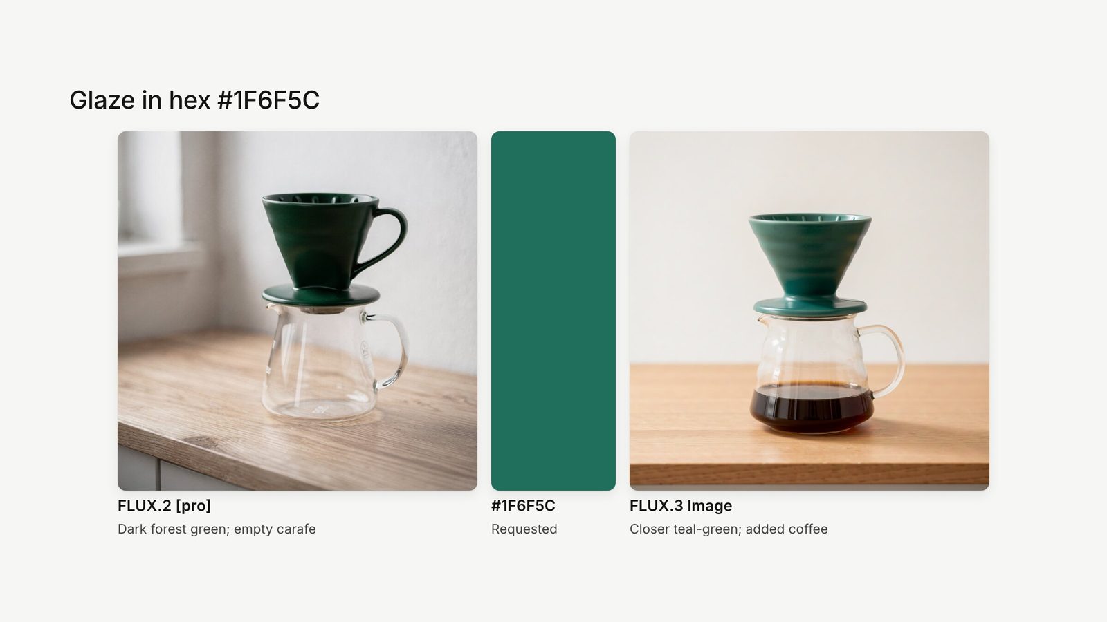 Pour-over dripper glazed in hex 1F6F5C by FLUX.2 pro and FLUX.3 Image, with a swatch of the requested colour between them.