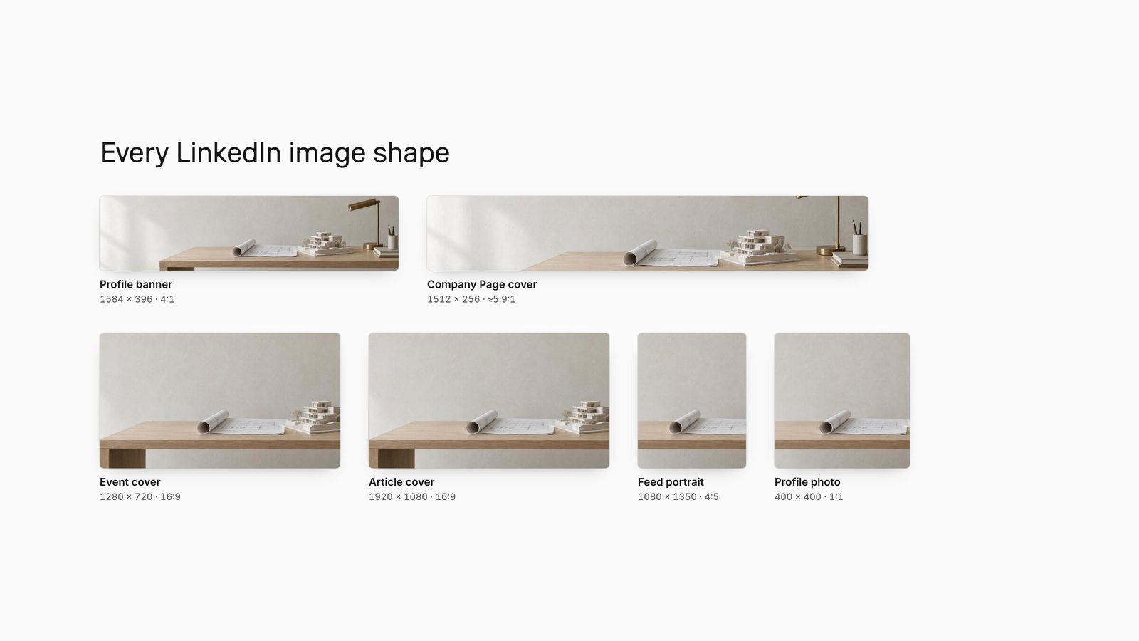 One architecture studio image cropped to six LinkedIn formats, from the 4:1 profile banner to the 1:1 profile photo, each labelled with its size.