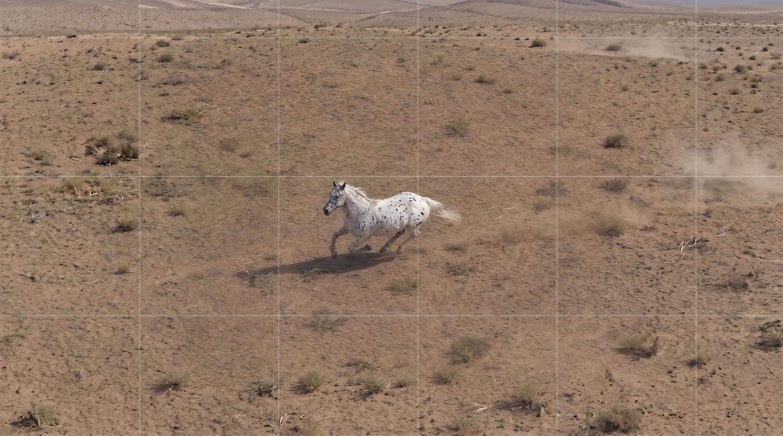 Cinematic frame concept of a white horse galloping across a dry, sparsely vegetated landscape.