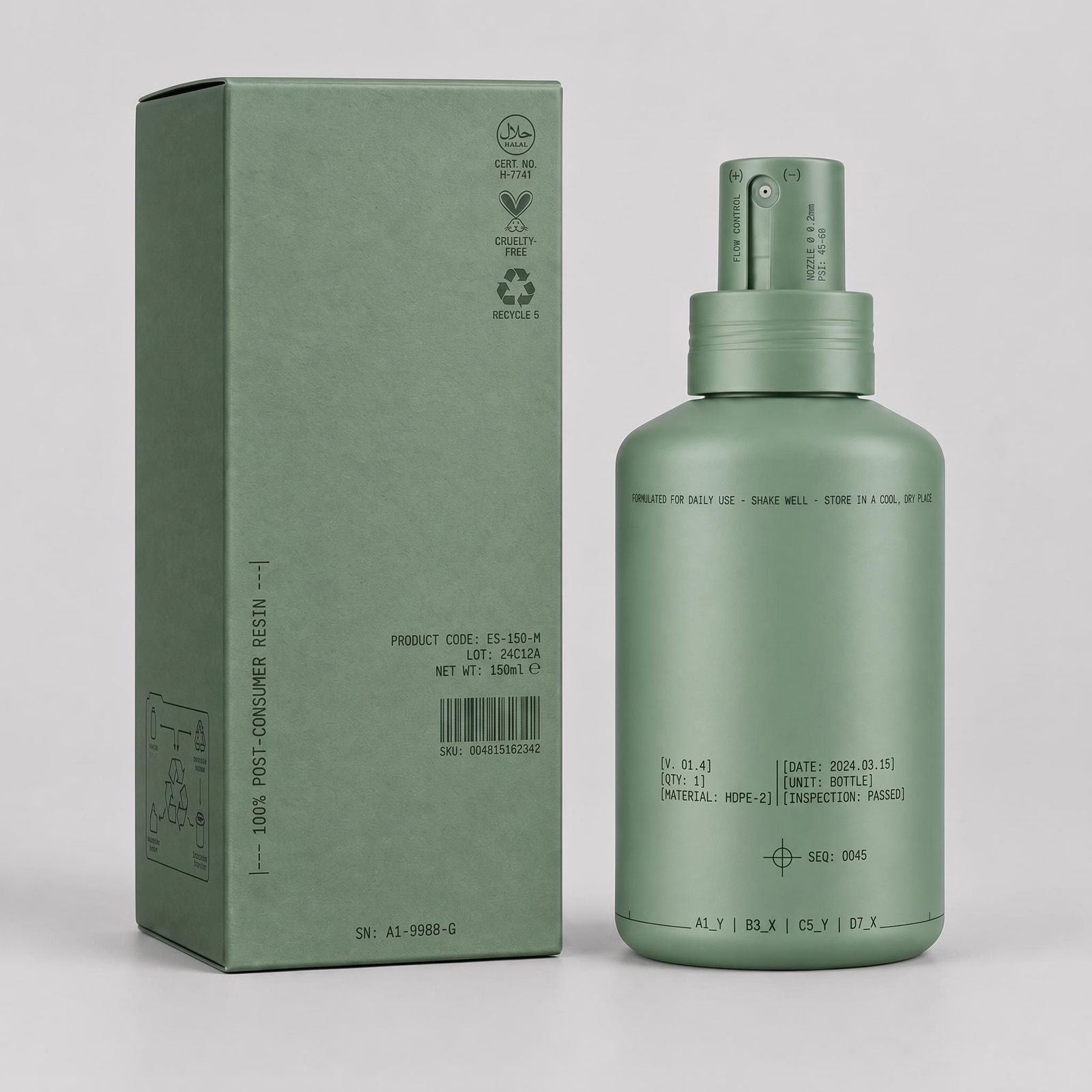 Packaging concept pairing a muted green spray bottle with a matching box on a gray background.