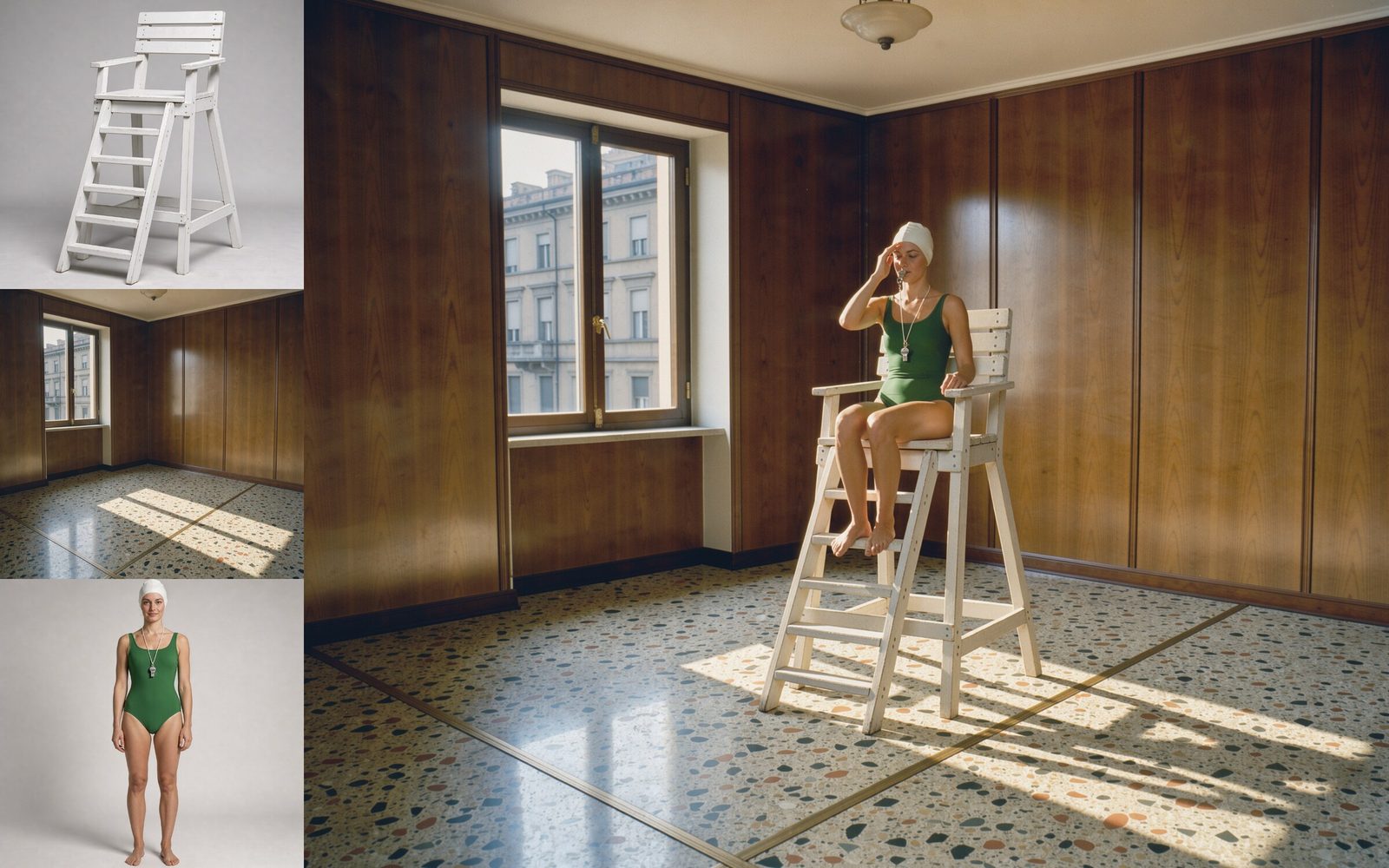 Reference photos of a white lifeguard chair, a terrazzo living room and a swimmer, composited into the swimmer on the chair watching over the empty room